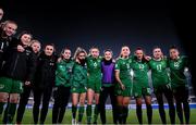 26 October 2021; Republic of Ireland players huddle after their victory in the FIFA Women's World Cup 2023 qualifying group A match between Finland and Republic of Ireland at Helsinki Olympic Stadium in Helsinki, Finland. Photo by Stephen McCarthy/Sportsfile