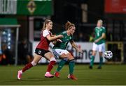 26 October 2021; Marissa Callaghan of Northern Ireland in action against Marie Höbinger of Austria during the FIFA Women's World Cup 2023 qualifying group D match between Northern Ireland and Austria at Seaview in Belfast. Photo by Ramsey Cardy/Sportsfile
