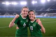 26 October 2021; Republic of Ireland goalscorers Megan Connolly, left, and Denise O'Sullivan celebrate following the FIFA Women's World Cup 2023 qualifying group A match between Finland and Republic of Ireland at Helsinki Olympic Stadium in Helsinki, Finland. Photo by Stephen McCarthy/Sportsfile