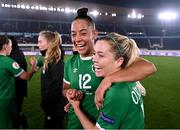 26 October 2021; Republic of Ireland's Rianna Jarrett and Denise O'Sullivan, right, celebrate following the FIFA Women's World Cup 2023 qualifying group A match between Finland and Republic of Ireland at Helsinki Olympic Stadium in Helsinki, Finland. Photo by Stephen McCarthy/Sportsfile