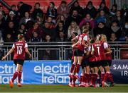 26 October 2021; Austria players celebrates after team-mate Barbara Dunst, hidden, scored their side's first goal during the FIFA Women's World Cup 2023 qualifying group D match between Northern Ireland and Austria at Seaview in Belfast. Photo by Ramsey Cardy/Sportsfile