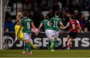 26 October 2021; Barbara Dunst of Austria scores her side's first goal during the FIFA Women's World Cup 2023 qualifying group D match between Northern Ireland and Austria at Seaview in Belfast. Photo by Ramsey Cardy/Sportsfile