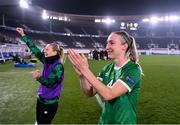 26 October 2021; Louise Quinn and Diane Caldwell, left, of Republic of Ireland following the FIFA Women's World Cup 2023 qualifying group A match between Finland and Republic of Ireland at Helsinki Olympic Stadium in Helsinki, Finland. Photo by Stephen McCarthy/Sportsfile