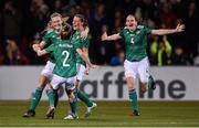 26 October 2021; Demi Vance, second from right, celebrates with her Northern Ireland team-mates after scoring her side's second goal during the FIFA Women's World Cup 2023 qualifying group D match between Northern Ireland and Austria at Seaview in Belfast. Photo by Ramsey Cardy/Sportsfile