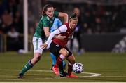 26 October 2021; Nicole Billa of Austria in action against Sarah McFadden of Northern Ireland during the FIFA Women's World Cup 2023 qualifying group D match between Northern Ireland and Austria at Seaview in Belfast. Photo by Ramsey Cardy/Sportsfile
