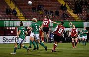 26 October 2021; Stefanie Enzinger of Austria heads to score her side's second goal during the FIFA Women's World Cup 2023 qualifying group D match between Northern Ireland and Austria at Seaview in Belfast. Photo by Ramsey Cardy/Sportsfile