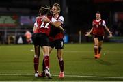 26 October 2021; Stefanie Enzinger, left, celebrates with Austria team-mate Verena Hanshaw after scoring her side's second goal during the FIFA Women's World Cup 2023 qualifying group D match between Northern Ireland and Austria at Seaview in Belfast. Photo by Ramsey Cardy/Sportsfile