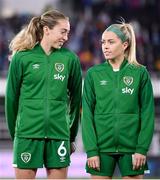 26 October 2021; Megan Connolly, left, and Denise O'Sullivan of Republic of Ireland before the FIFA Women's World Cup 2023 qualifying group A match between Finland and Republic of Ireland at Helsinki Olympic Stadium in Helsinki, Finland. Photo by Stephen McCarthy/Sportsfile