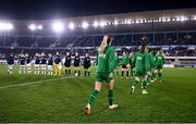 26 October 2021; Republic of Ireland players walk out onto the pitch ahead of the FIFA Women's World Cup 2023 qualifying group A match between Finland and Republic of Ireland at Helsinki Olympic Stadium in Helsinki, Finland. Photo by Stephen McCarthy/Sportsfile