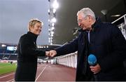 26 October 2021; Republic of Ireland manager Vera Pauw with RTÉ's Tony O'Donoghue before the FIFA Women's World Cup 2023 qualifying group A match between Finland and Republic of Ireland at Helsinki Olympic Stadium in Helsinki, Finland. Photo by Stephen McCarthy/Sportsfile