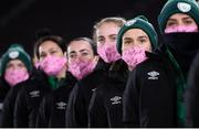26 October 2021; Republic of Ireland players, including Ciara Grant, second from right, stand for the playing of the National Anthem before the FIFA Women's World Cup 2023 qualifying group A match between Finland and Republic of Ireland at Helsinki Olympic Stadium in Helsinki, Finland. Photo by Stephen McCarthy/Sportsfile
