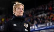 26 October 2021; Republic of Ireland manager Vera Pauw stand for the playing of the National Anthem before the FIFA Women's World Cup 2023 qualifying group A match between Finland and Republic of Ireland at Helsinki Olympic Stadium in Helsinki, Finland. Photo by Stephen McCarthy/Sportsfile