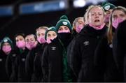 26 October 2021; Republic of Ireland players, including Leanne Kiernan, centre, stand for the playing of the National Anthem before the FIFA Women's World Cup 2023 qualifying group A match between Finland and Republic of Ireland at Helsinki Olympic Stadium in Helsinki, Finland. Photo by Stephen McCarthy/Sportsfile