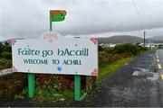 23 October 2021; A general view of a signpost for Achill outside Davitt Park, home of Achill GAA club, at Achill Sound in Mayo. Photo by Brendan Moran/Sportsfile