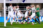 26 October 2021; Louise Quinn of Republic of Ireland in action against Eveliina Summanen of Finland, 20, during the FIFA Women's World Cup 2023 qualifying group A match between Finland and Republic of Ireland at Helsinki Olympic Stadium in Helsinki, Finland. Photo by Stephen McCarthy/Sportsfile