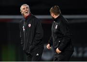 27 August 2021; Derry City coach Jim McGuinness, left, and Bohemians manager Craig Sexton in conversation before the EA Sports U19 Enda McGuill Cup Final match between Derry City and Bohemians at the Ryan McBride Brandywell Stadium in Derry. Photo by Piaras Ó Mídheach/Sportsfile