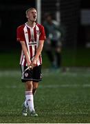27 August 2021; Caoimhín Porter of Derry City reacts after he was sent off by referee Michael Connolly, not pictured, during the EA Sports U19 Enda McGuill Cup Final match between Derry City and Bohemians at the Ryan McBride Brandywell Stadium in Derry. Photo by Piaras Ó Mídheach/Sportsfile