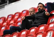 27 August 2021; Derry City first team coach Raffaele Cretaro, right, alongside former League of Ireland goalkeeper Gary Rogers at the EA Sports U19 Enda McGuill Cup Final match between Derry City and Bohemians at the Ryan McBride Brandywell Stadium in Derry. Photo by Piaras Ó Mídheach/Sportsfile