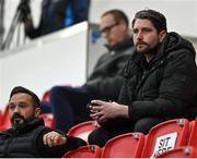 27 August 2021; Derry City first team manager Ruaidhri Higgins, right, and Derry City first team coach Raffaele Cretaro during the EA Sports U19 Enda McGuill Cup Final match between Derry City and Bohemians at the Ryan McBride Brandywell Stadium in Derry. Photo by Piaras Ó Mídheach/Sportsfile