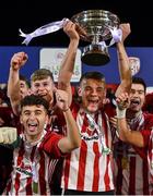 27 August 2021; Derry City captain Dean Corrigan lifts the cup after the EA Sports U19 Enda McGuill Cup Final match between Derry City and Bohemians at the Ryan McBride Brandywell Stadium in Derry. Photo by Piaras Ó Mídheach/Sportsfile