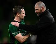 23 October 2021; Connacht senior coach Peter Wilkins with Jack Carty after the United Rugby Championship match between Connacht and Ulster at Aviva Stadium in Dublin. Photo by David Fitzgerald/Sportsfile