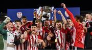 27 August 2021; Derry City captain Dean Corrigan lifts the cup after the EA Sports U19 Enda McGuill Cup Final match between Derry City and Bohemians at the Ryan McBride Brandywell Stadium in Derry. Photo by Piaras Ó Mídheach/Sportsfile