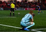 27 August 2021; Bohemians goalkeeper Enda Minogue watches team-mate Darragh Murtagh take a penalty, that was saved by Derry City goalkeeper Ruadhán McKenna, in the penalty shoot-out of the EA Sports U19 Enda McGuill Cup Final match between Derry City and Bohemians at the Ryan McBride Brandywell Stadium in Derry. Photo by Piaras Ó Mídheach/Sportsfile