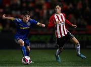 27 August 2021; Colin Conroy of Bohemians in action against Michael Harris of Derry City during the EA Sports U19 Enda McGuill Cup Final match between Derry City and Bohemians at the Ryan McBride Brandywell Stadium in Derry. Photo by Piaras Ó Mídheach/Sportsfile