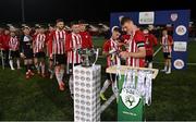 27 August 2021; Derry City captain Dean Corrigan presents his team-mates with their medals after the EA Sports U19 Enda McGuill Cup Final match between Derry City and Bohemians at the Ryan McBride Brandywell Stadium in Derry. Photo by Piaras Ó Mídheach/Sportsfile