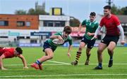 28 October 2021; Neil Byrne of South East scores a try during the Shane Horgan Cup Third Round match between South East and North East at Energia Park in Dublin. Photo by Brendan Moran/Sportsfile