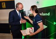 29 October 2021; The athletes and staff who represented Team Ireland at Tokyo 2020 this summer were formally congratulated at the Official Team Ireland Homecoming in Dublin Castle. A record number of Irish athletes competed at the Summer Olympics in Japan with 116 athletes competing across nineteen sports. An Taoiseach Michéal Martin TD, Minister Catherine Martin TD, Minister of State Jack Chambers TD and His Excellency Ambassador Extraordinary and Plenipotentiary of Japan to Ireland, Mr Mitsuru Kitano attended the event to honour the athletes. Pictured is An Taoiseach Micheál Martin TD with Kellie Harrington. Photo by Sam Barnes/Sportsfile