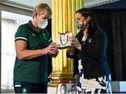 29 October 2021; The athletes and staff who represented Team Ireland at Tokyo 2020 this summer were formally congratulated at the Official Team Ireland Homecoming in Dublin Castle. A record number of Irish athletes competed at the Summer Olympics in Japan with 116 athletes competing across nineteen sports. An Taoiseach Michéal Martin TD, Minister Catherine Martin TD, Minister of State Jack Chambers TD and His Excellency Ambassador Extraordinary and Plenipotentiary of Japan to Ireland, Mr Mitsuru Kitano attended the event to honour the athletes. Making a presentation to Team Ireland support staff member Hayley Harrison is Minister for Media, Tourism, Arts, Culture, Sport and the Gaeltacht, Catherine Martin T.D. Photo by Brendan Moran/Sportsfile