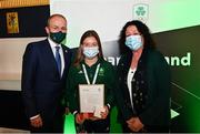 29 October 2021; The athletes and staff who represented Team Ireland at Tokyo 2020 this summer were formally congratulated at the Official Team Ireland Homecoming in Dublin Castle. A record number of Irish athletes competed at the Summer Olympics in Japan with 116 athletes competing across nineteen sports. An Taoiseach Michéal Martin TD, Minister Catherine Martin TD, Minister of State Jack Chambers TD and His Excellency Ambassador Extraordinary and Plenipotentiary of Japan to Ireland, Mr Mitsuru Kitano attended the event to honour the athletes. Pictured is An Taoiseach Micheál Martin TD with Team Ireland Tokyo 2020 Chef de Mission Patricia Heberle and Team Ireland Olympian Sarah Torrans. Photo by Sam Barnes/Sportsfile