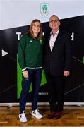 29 October 2021; The athletes and staff who represented Team Ireland at Tokyo 2020 this summer were formally congratulated at the Official Team Ireland Homecoming in Dublin Castle. A record number of Irish athletes competed at the Summer Olympics in Japan with 116 athletes competing across nineteen sports. An Taoiseach Michéal Martin TD, Minister Catherine Martin TD, Minister of State Jack Chambers TD and His Excellency Ambassador Extraordinary and Plenipotentiary of Japan to Ireland, Mr Mitsuru Kitano attended the event to honour the athletes. In attendance at the homecoming are Olympian Katie Mullan and her father Brian Mullan. Photo by Brendan Moran/Sportsfile