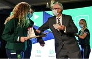 29 October 2021; The athletes and staff who represented Team Ireland at Tokyo 2020 this summer were formally congratulated at the Official Team Ireland Homecoming in Dublin Castle. A record number of Irish athletes competed at the Summer Olympics in Japan with 116 athletes competing across nineteen sports. An Taoiseach Michéal Martin TD, Minister Catherine Martin TD, Minister of State Jack Chambers TD and His Excellency Ambassador Extraordinary and Plenipotentiary of Japan to Ireland, Mr Mitsuru Kitano attended the event to honour the athletes. Making a presentation to Team Ireland athlete Michelle Carey is Sport Ireland chief executive John Treacy.  Photo by Brendan Moran/Sportsfile