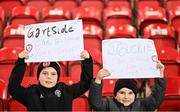 29 October 2021; Derry City supporters and brothers, Caiden Saunders, aged 10, left, and Noah, aged 7, before the SSE Airtricity League Premier Division match between Derry City and Bohemians at Ryan McBride Brandywell Stadium in Derry. Photo by Ramsey Cardy/Sportsfile