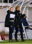 26 October 2021; Republic of Ireland assistant manager Eileen Gleeson and manager Vera Pauw, right, during the FIFA Women's World Cup 2023 qualifying group A match between Finland and Republic of Ireland at Helsinki Olympic Stadium in Helsinki, Finland. Photo by Stephen McCarthy/Sportsfile