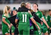 26 October 2021; Amber Barrett and Katie McCabe of Republic of Ireland celebrate following the FIFA Women's World Cup 2023 qualifying group A match between Finland and Republic of Ireland at Helsinki Olympic Stadium in Helsinki, Finland. Photo by Stephen McCarthy/Sportsfile