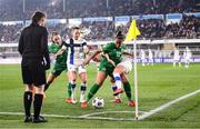 26 October 2021; Rianna Jarrett of Republic of Ireland is tackled by Adelina Engman of Finland during the FIFA Women's World Cup 2023 qualifying group A match between Finland and Republic of Ireland at Helsinki Olympic Stadium in Helsinki, Finland. Photo by Stephen McCarthy/Sportsfile