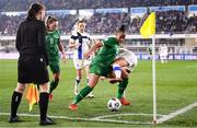 26 October 2021; Rianna Jarrett of Republic of Ireland is tackled by Adelina Engman of Finland during the FIFA Women's World Cup 2023 qualifying group A match between Finland and Republic of Ireland at Helsinki Olympic Stadium in Helsinki, Finland. Photo by Stephen McCarthy/Sportsfile