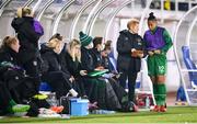 26 October 2021; Republic of Ireland assistant manager Eileen Gleeson speaks with Rianna Jarrett during the FIFA Women's World Cup 2023 qualifying group A match between Finland and Republic of Ireland at Helsinki Olympic Stadium in Helsinki, Finland. Photo by Stephen McCarthy/Sportsfile