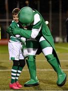 29 October 2021; Shamrock Rovers mascot Hooperman with a young supporter before the SSE Airtricity League Premier Division match between Shamrock Rovers and Finn Harps at Tallaght Stadium in Dublin. Photo by Stephen McCarthy/Sportsfile