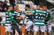 29 October 2021; Danny Mandroiu of Shamrock Rovers, left, celebrates with team-mates after scoring their side's first goal during the SSE Airtricity League Premier Division match between Shamrock Rovers and Finn Harps at Tallaght Stadium in Dublin. Photo by Eóin Noonan/Sportsfile