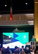 29 October 2021; The athletes and staff who represented Team Ireland at Tokyo 2020 this summer were formally congratulated at the Official Team Ireland Homecoming in Dublin Castle. A record number of Irish athletes competed at the Summer Olympics in Japan with 116 athletes competing across nineteen sports. An Taoiseach Michéal Martin TD, Minister Catherine Martin TD, Minister of State Jack Chambers TD and His Excellency Ambassador Extraordinary and Plenipotentiary of Japan to Ireland, Mr Mitsuru Kitano attended the event to honour the athletes. Speaking at the homecoming is OFI president Sarah Keane. Photo by Brendan Moran/Sportsfile