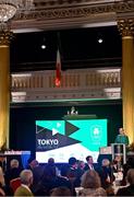 29 October 2021; The athletes and staff who represented Team Ireland at Tokyo 2020 this summer were formally congratulated at the Official Team Ireland Homecoming in Dublin Castle. A record number of Irish athletes competed at the Summer Olympics in Japan with 116 athletes competing across nineteen sports. An Taoiseach Michéal Martin TD, Minister Catherine Martin TD, Minister of State Jack Chambers TD and His Excellency Ambassador Extraordinary and Plenipotentiary of Japan to Ireland, Mr Mitsuru Kitano attended the event to honour the athletes. Speaking at the homecoming is OFI president Sarah Keane. Photo by Brendan Moran/Sportsfile