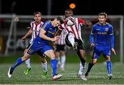 29 October 2021; Junior Ogedi-Uzokwe of Derry City in action against Anto Breslin of Bohemians during the SSE Airtricity League Premier Division match between Derry City and Bohemians at Ryan McBride Brandywell Stadium in Derry. Photo by Ramsey Cardy/Sportsfile