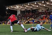 29 October 2021; James Akintunde of Derry City is tackled by Bohemians goalkeeper James Talbot during the SSE Airtricity League Premier Division match between Derry City and Bohemians at Ryan McBride Brandywell Stadium in Derry. Photo by Ramsey Cardy/Sportsfile