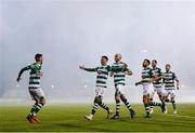 29 October 2021; Danny Mandroiu of Shamrock Rovers, second from left, celebrates with Dylan Watts, left, and team-mates after scoring their side's second goal during the SSE Airtricity League Premier Division match between Shamrock Rovers and Finn Harps at Tallaght Stadium in Dublin. Photo by Eóin Noonan/Sportsfile