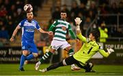 29 October 2021; Danny Mandroiu of Shamrock Rovers has a shot on goal as he is challenged by Ryan Connolly and goalkeeper Mark Anthony McGinley of Finn Harps during the SSE Airtricity League Premier Division match between Shamrock Rovers and Finn Harps at Tallaght Stadium in Dublin. Photo by Eóin Noonan/Sportsfile