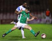 29 October 2021; Aaron Bolger of Cork City in action against Carlton Ubaezuonu of Galway United during the SSE Airtricity League First Division match between Cork City and Galway United at Turners Cross in Cork. Photo by Michael P Ryan/Sportsfile